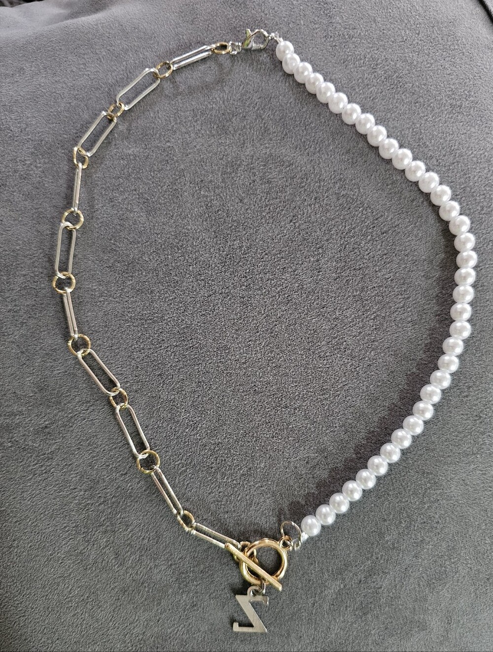 Gold Link and White Pearl Half-Chain Necklace with Charm